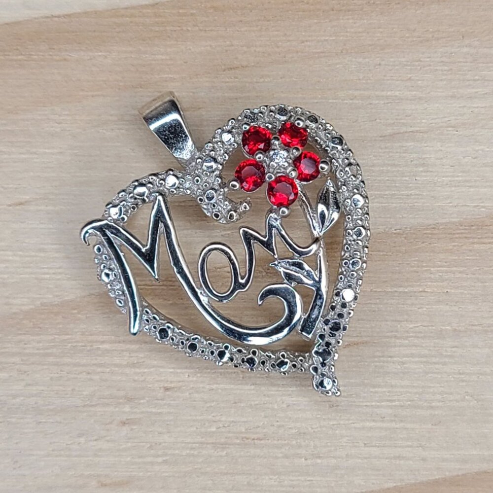 Vtg Sterling Silver Heart Pendant "Mom" Design Red Crystal Flower Accents 0.8"